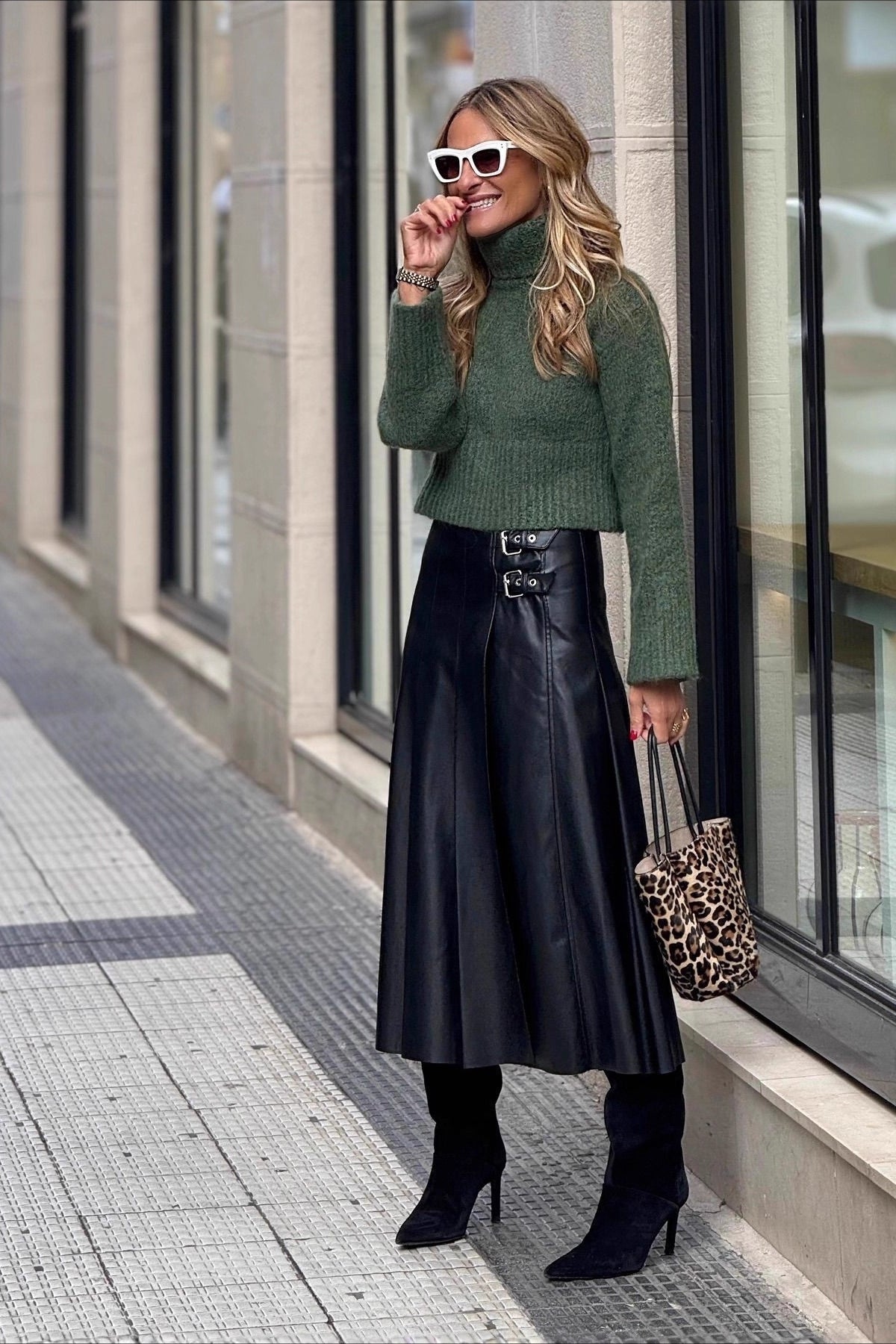 PU Leather Shirred A-Line Skirt