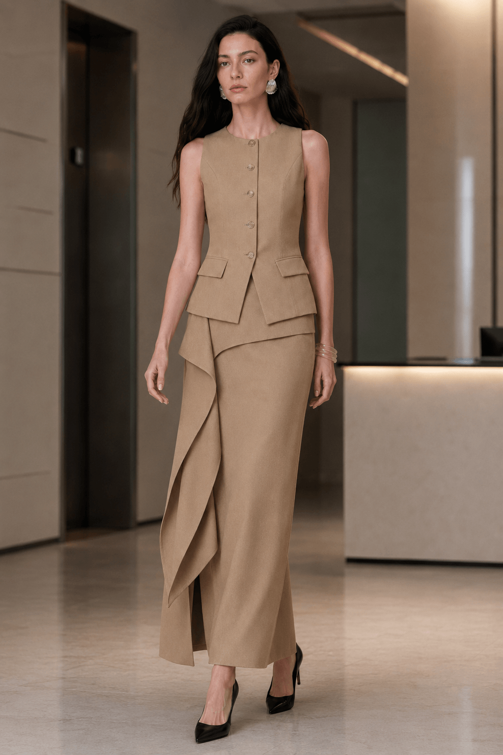 Ruffle Slit Skirt Two Piece Work Set