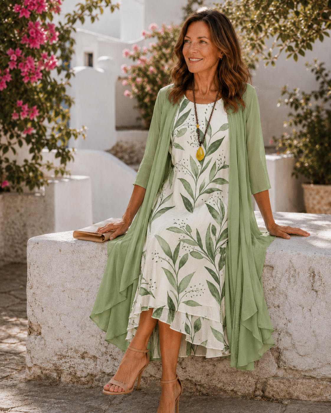 Leaf Print Sleeveless Dress and Longline Duster Two Piece Set 3