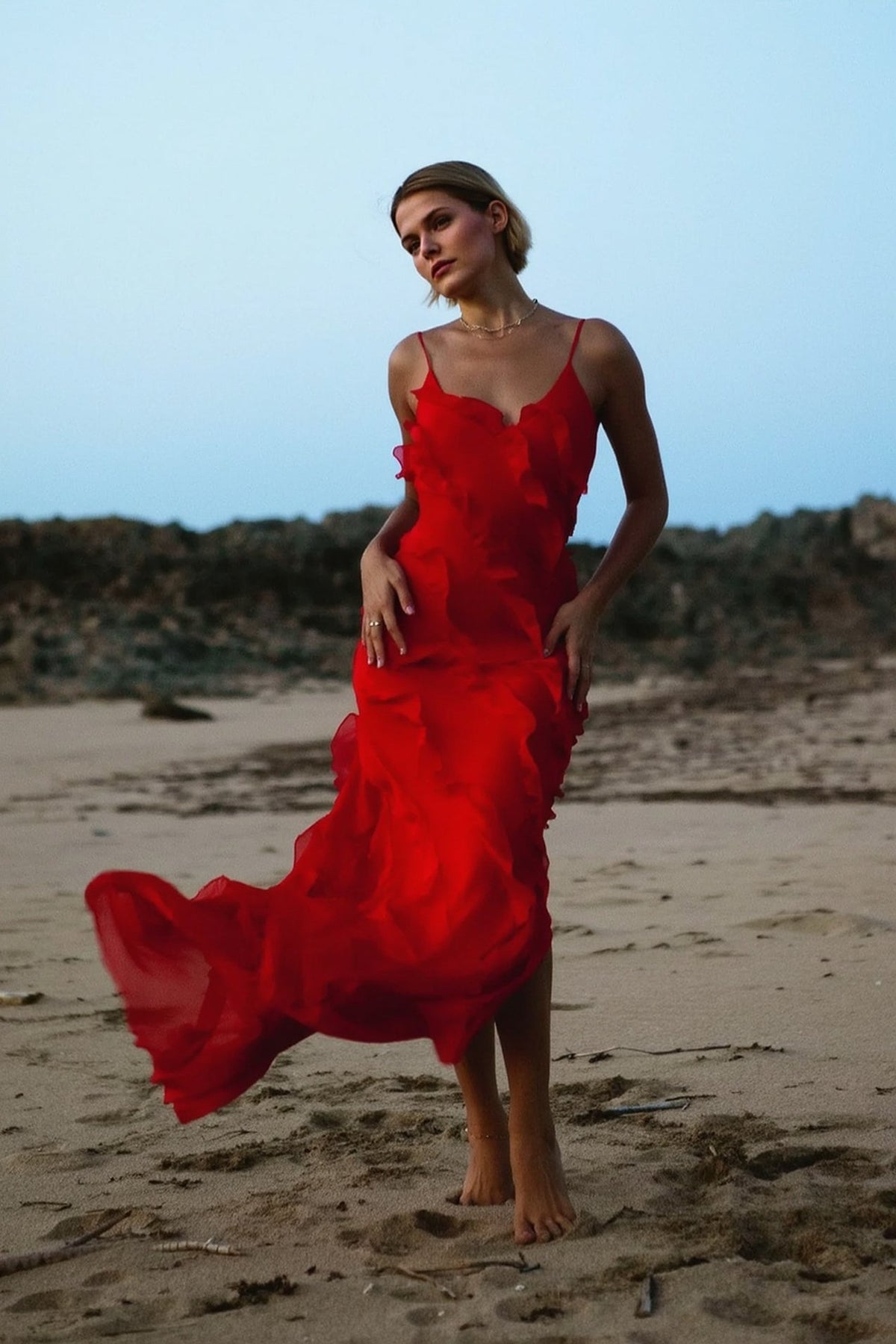 Backless Slit Fitted Spaghetti Strap Chiffon Ruffled Party Dress