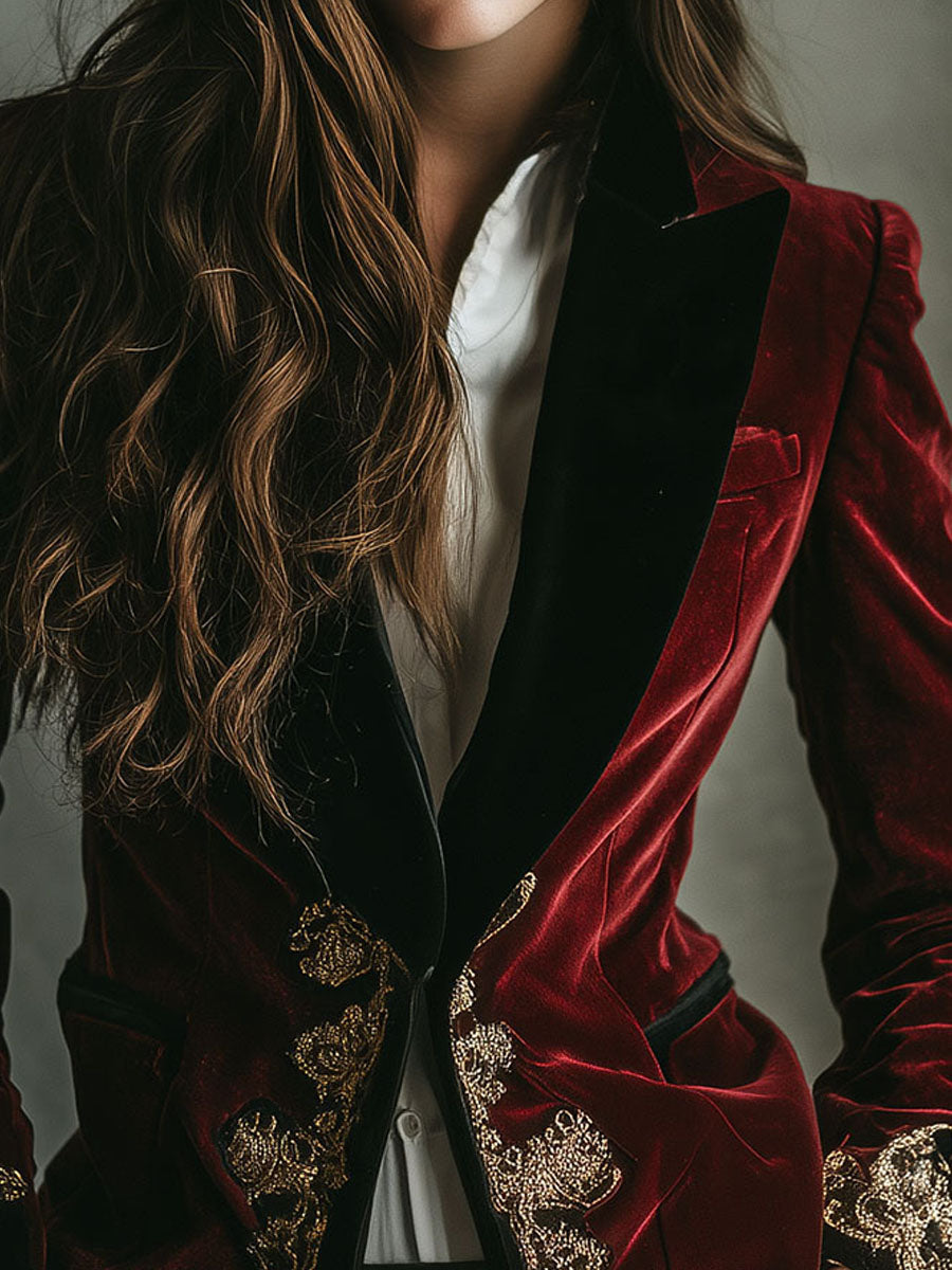 Embroidered Contrast Lapel Velvet Blazer 5