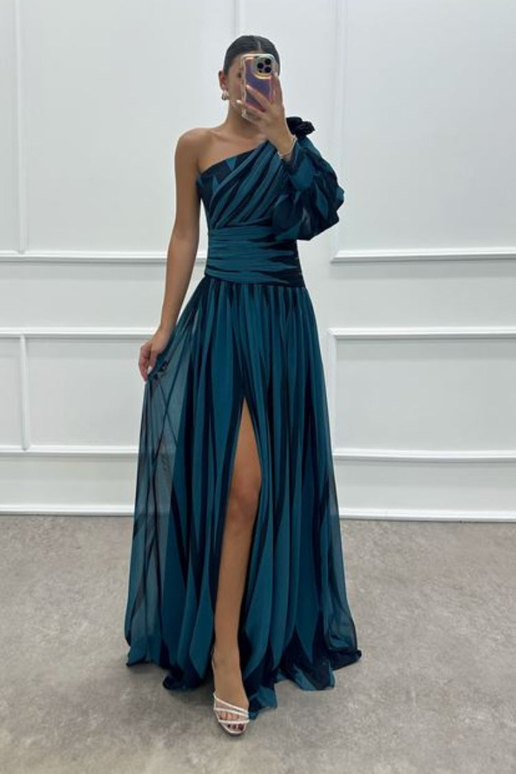 One Shoulder Puff Sleeve Ruched Waist Pleated High Split Maxi Gown - View 8
