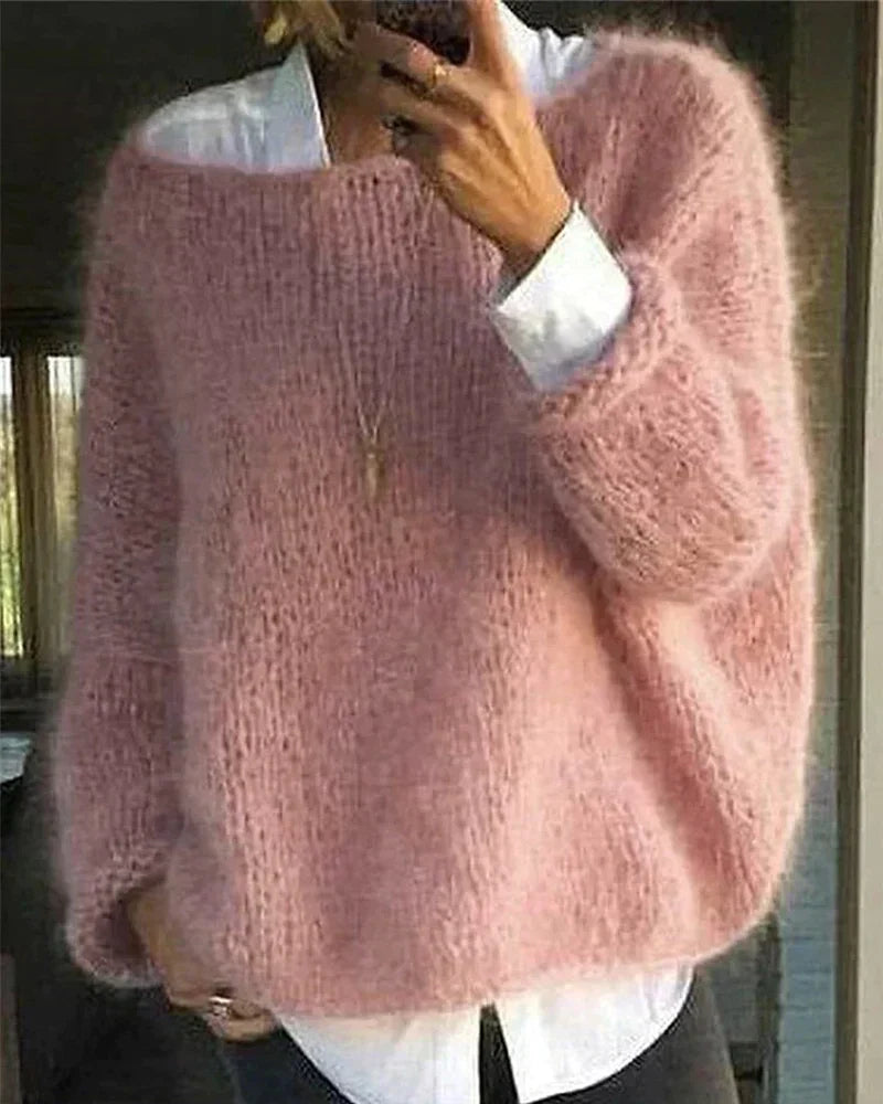 Crew Neck Long Sleeve Fluffy Knit Sweater 2