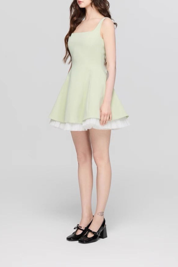 Square Neck Mesh Panel Mini Dress - View 14
