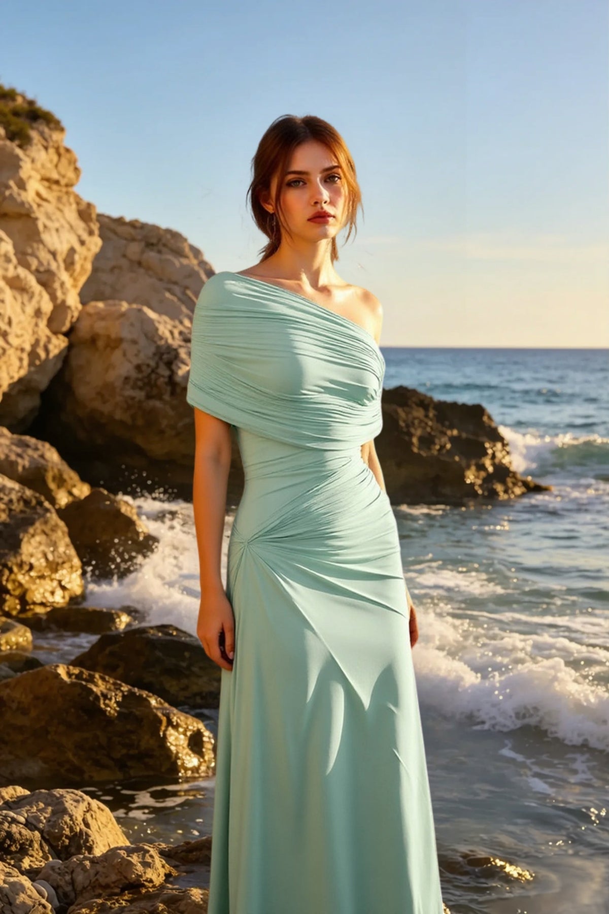Satin Off Shoulder Ruched Mermaid Gown - View 4
