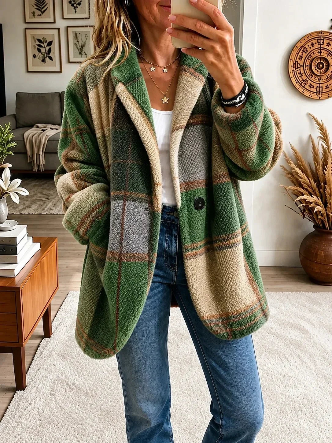Plaid Notch Lapel Single Button Fleece Coat 7