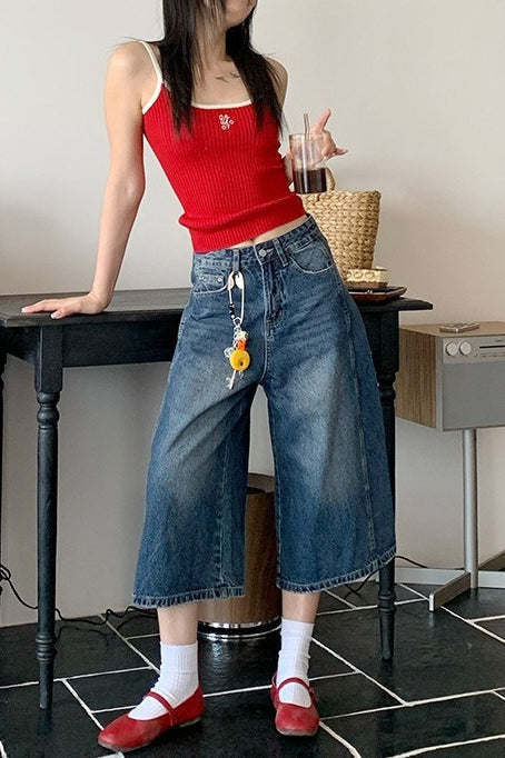 High-Waist Vintage Washed Wide-Leg Denim Jeans