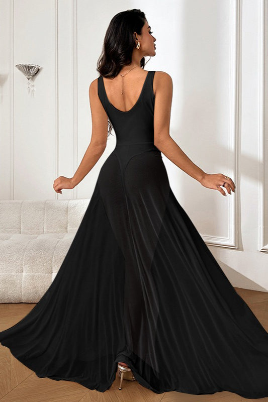 Sheer Mesh V-Neck Spaghetti Strap A-Line Maxi Dress - View 6