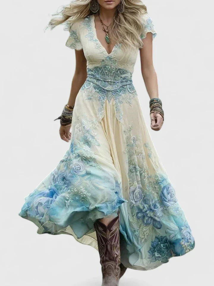 V-Neck Short Sleeve Floral Embellished Waist Maxi Dress 3