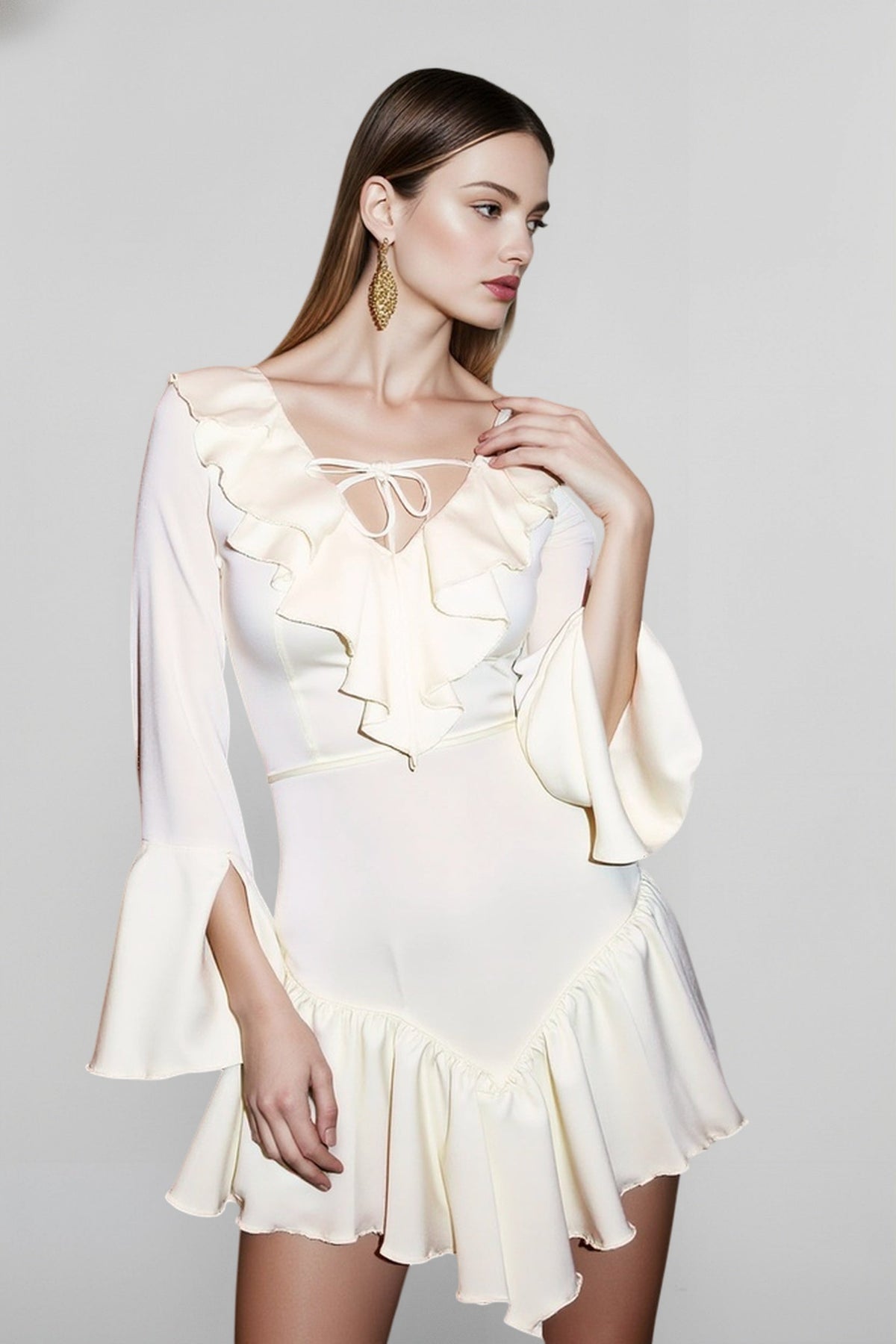 Lace-Up Ruffle V Neck A-Line Mini Dress - View 2
