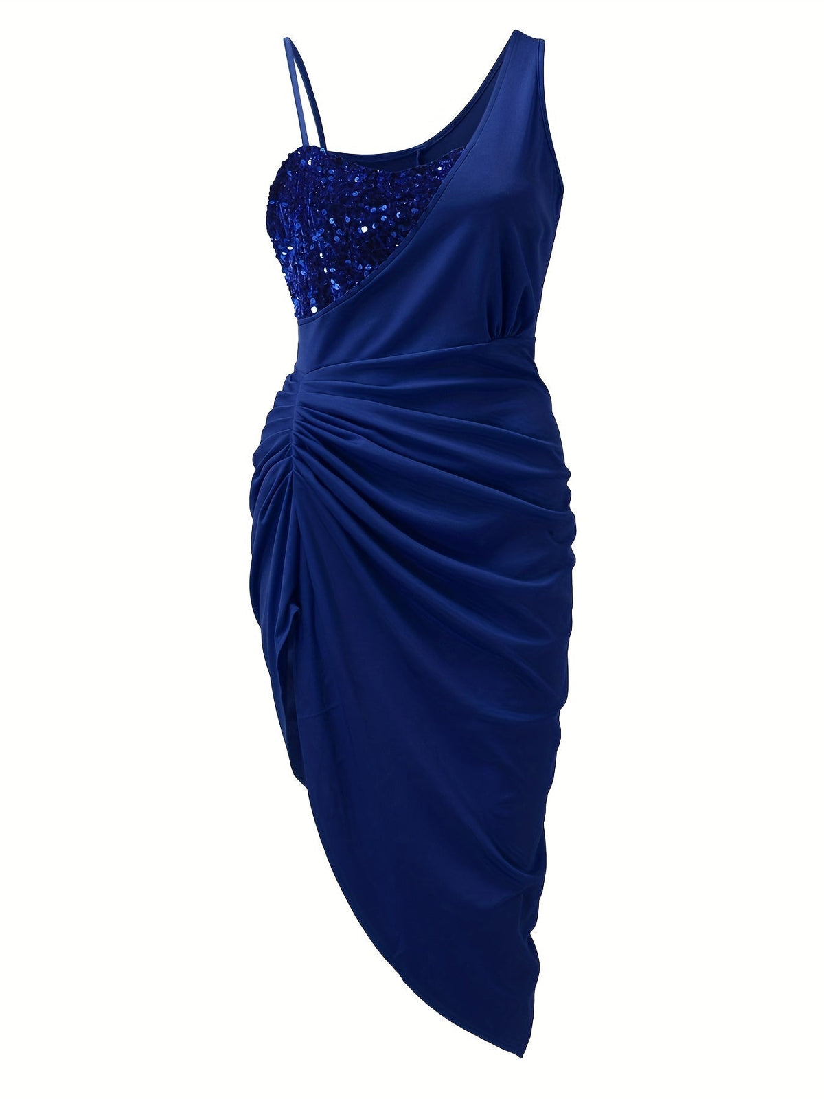 One Shoulder Sequin Panel Ruched Wrap Tulip Hem Cocktail Midi Dress