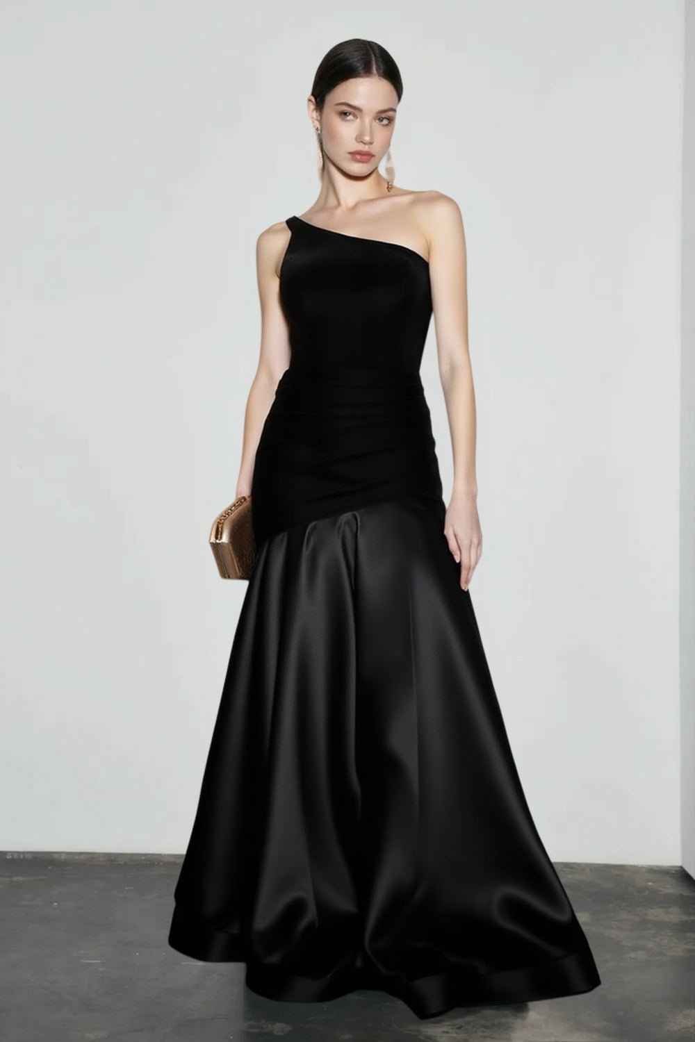 One Shoulder Ruched Velvet Satin Mermaid Gown 3