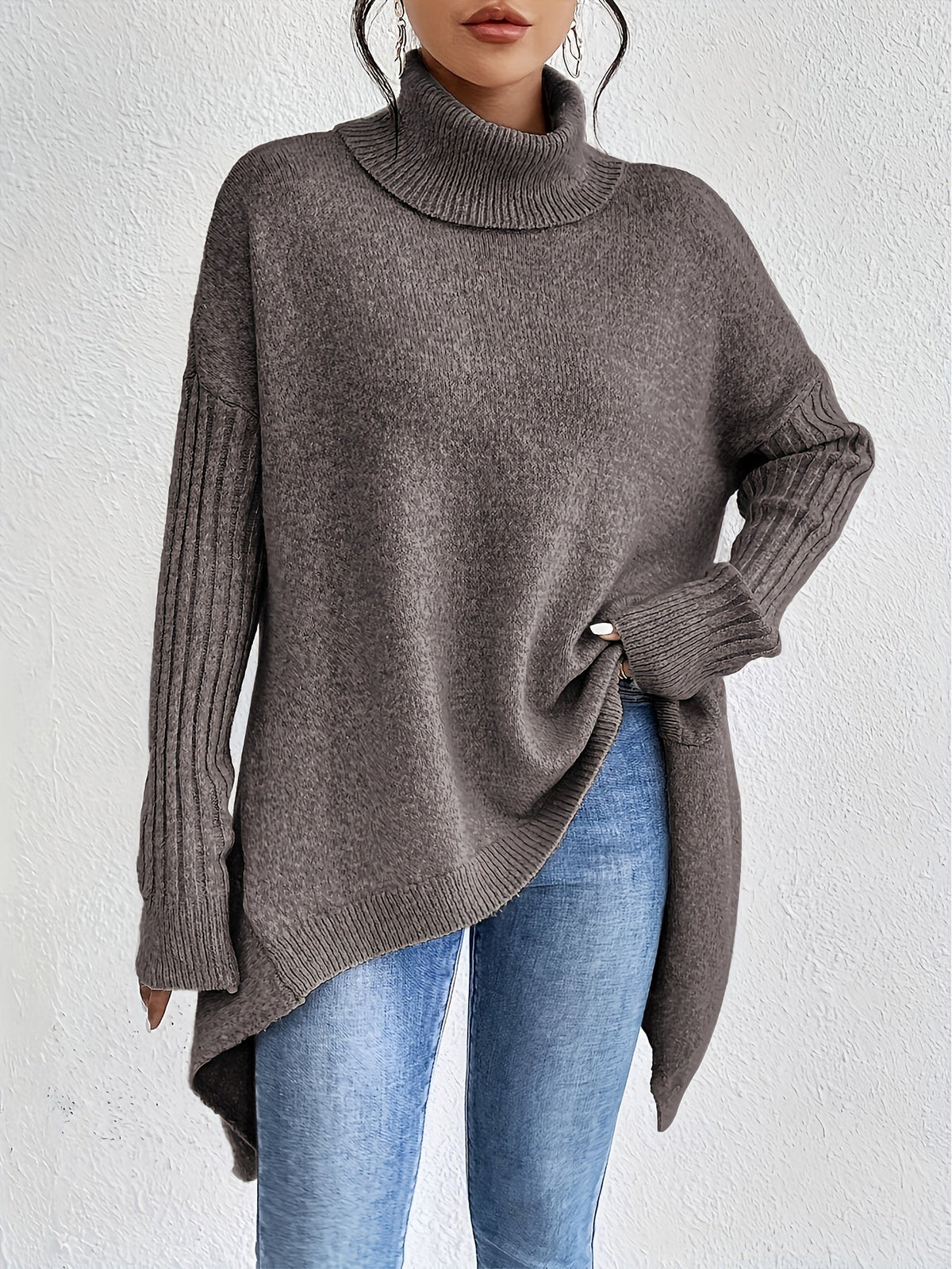 Turtleneck Long Sleeve Oversized High Low Sweater 2