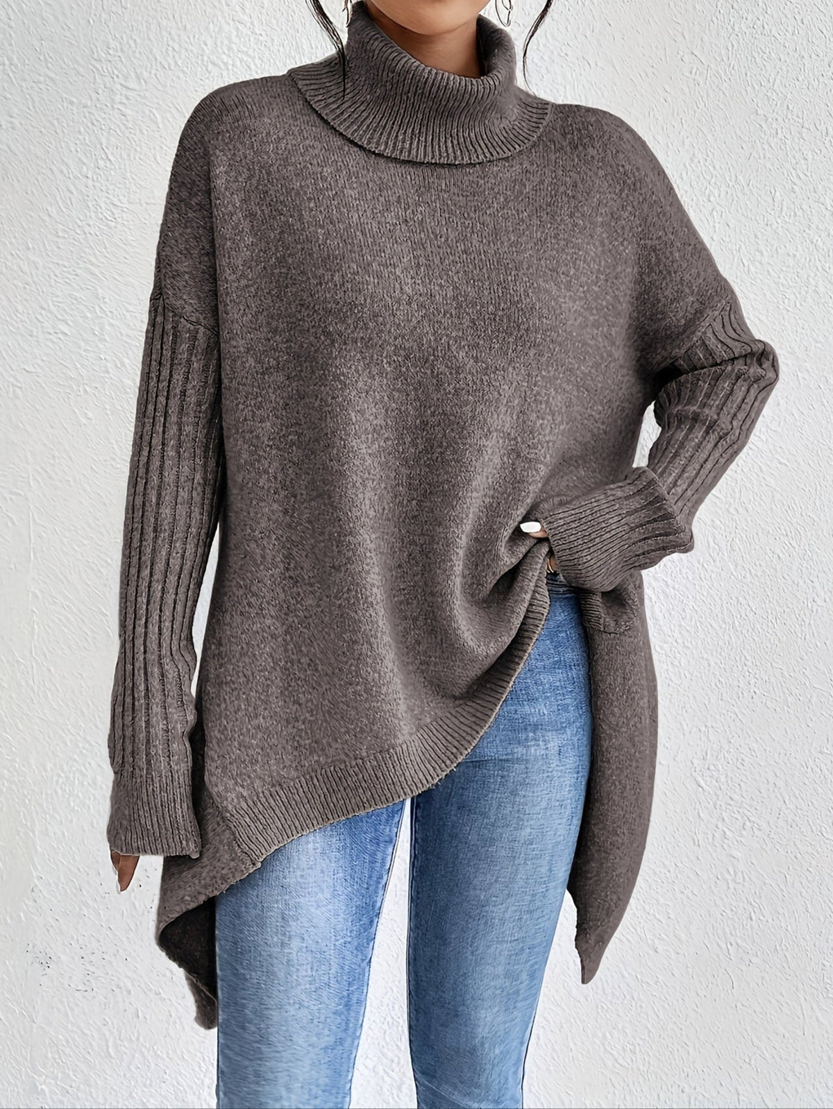Turtleneck Drop Shoulder High Low Split Hem Oversized Sweater 9