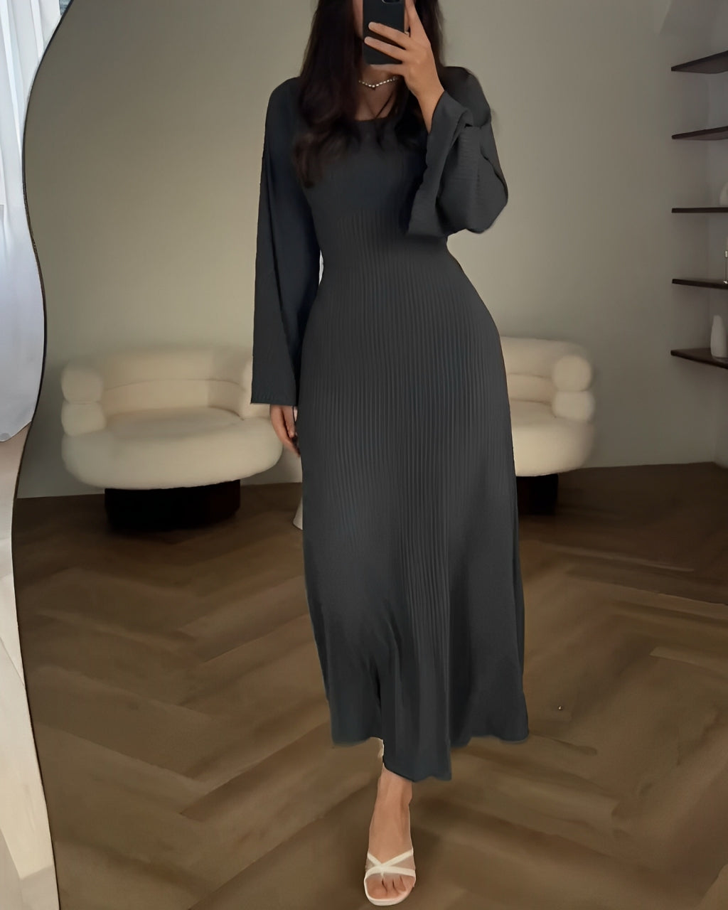 Ribbed Knit Square Neck Long Sleeve Side Split Bodycon Maxi Dress 4
