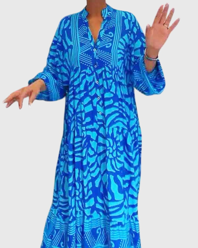Abstract Print Button Front Long Sleeve Tiered Maxi Dress 3