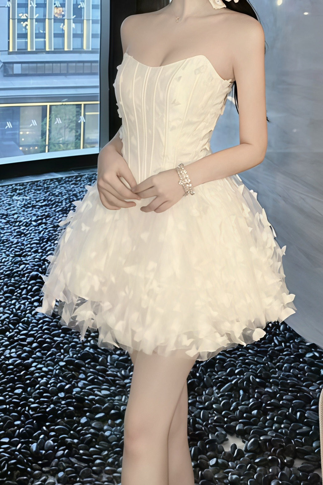Strapless Corset Butterfly Appliqué Tulle Ruffle Mini Dress - View 5