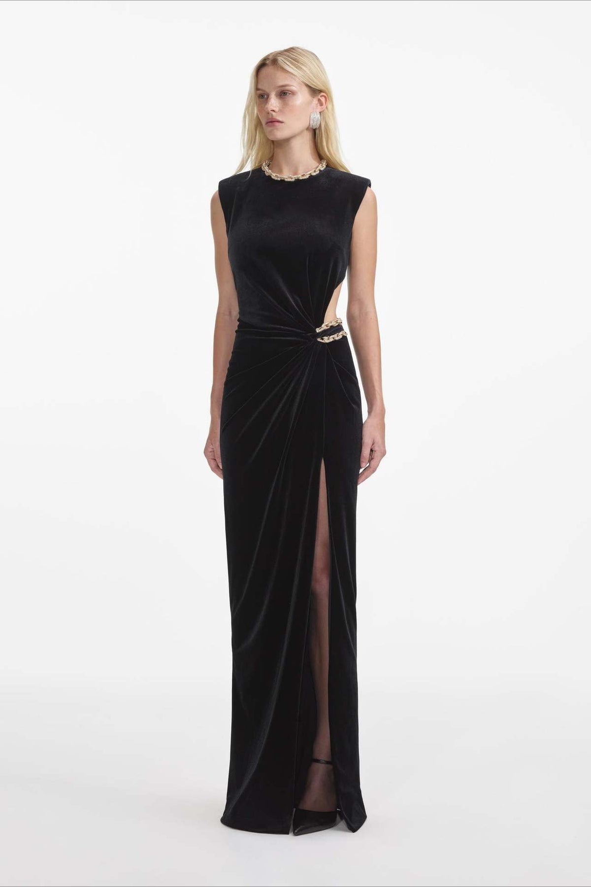 Velvet Crew Neck Cut Out High Split Bodycon Maxi Gown - View 3