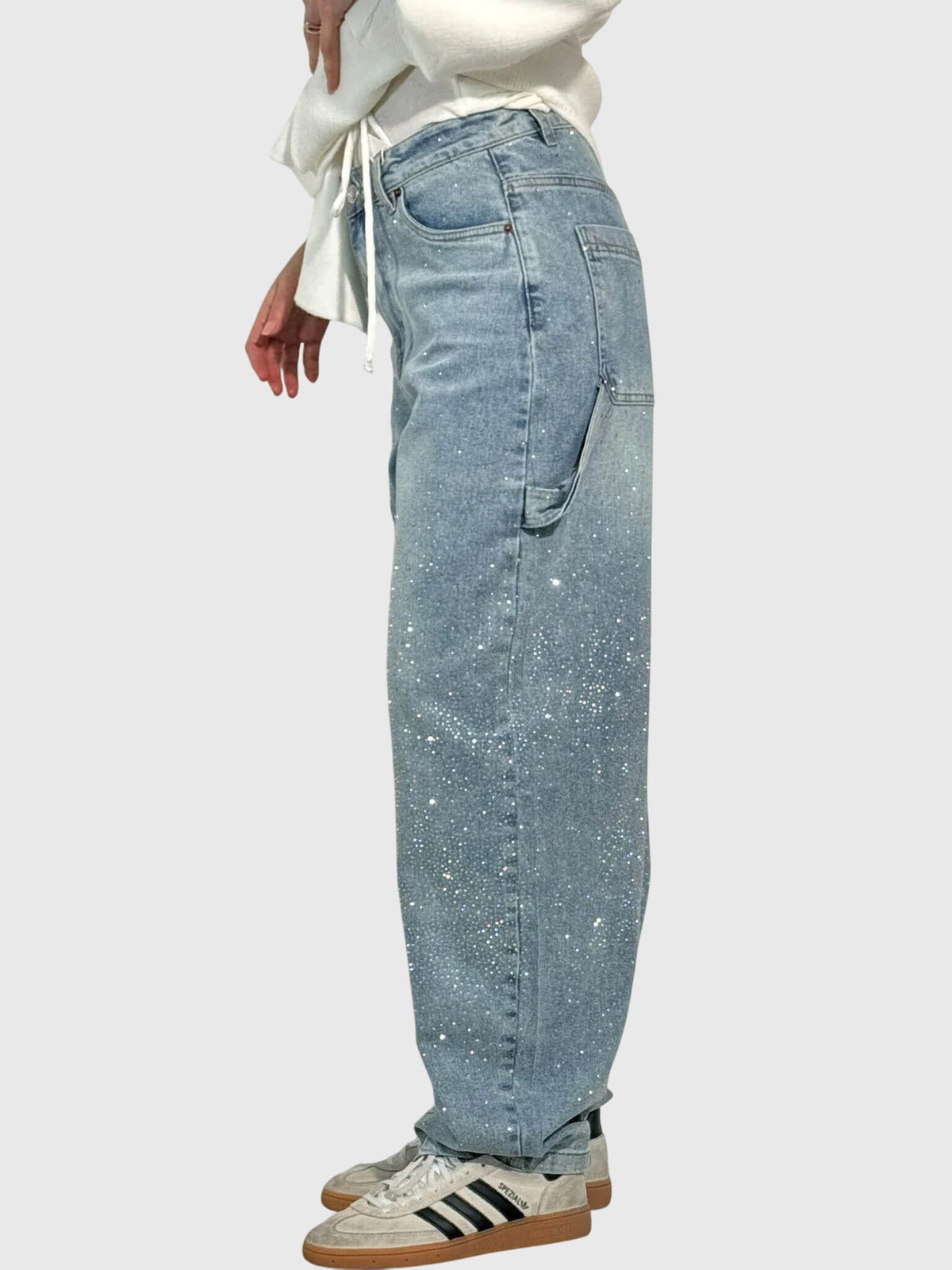 Rhinestone Embellished Wide Leg Cargo Jeans 8