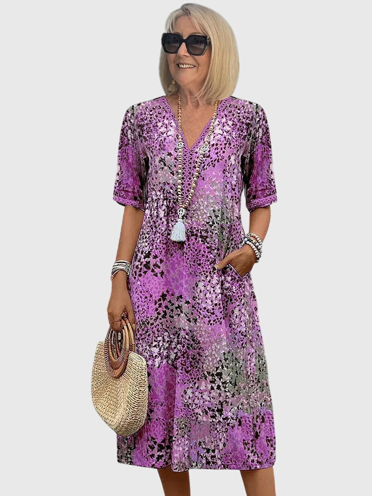 Abstract Print V-Neck Short Sleeve Tiered Midi Dress 6
