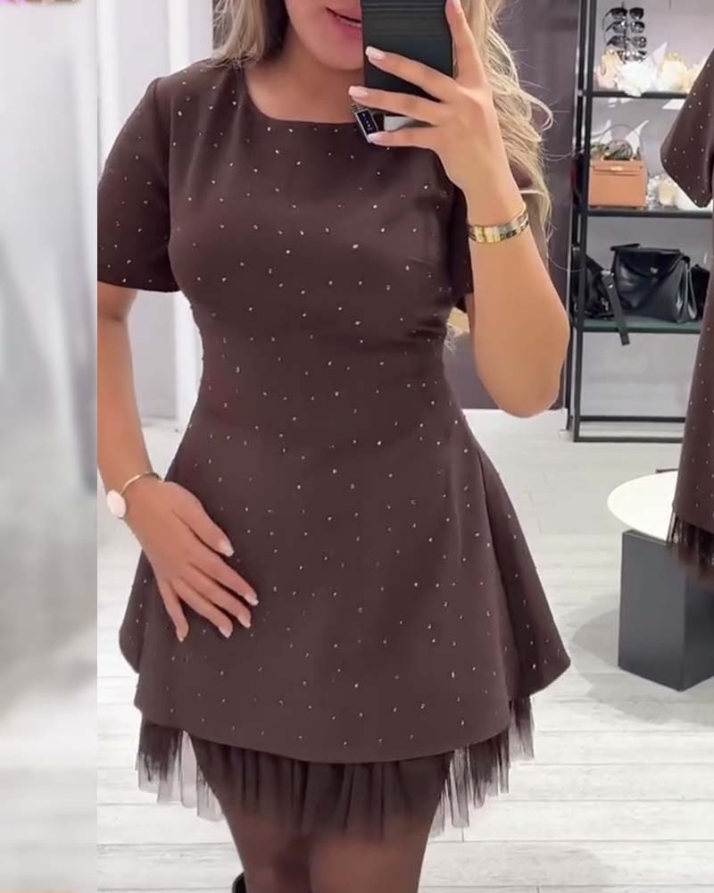 Rhinestone Tulle Hem Short Sleeve Fit and Flare Mini Dress 5