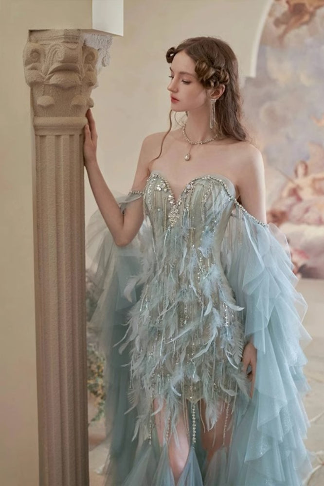 Strapless Sweetheart Feather Beaded High Low Prom Dress - View 2