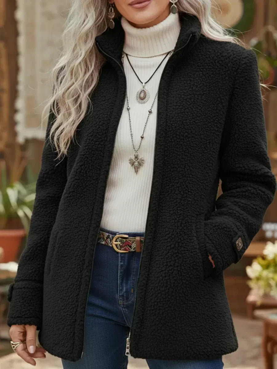 Zip Front Stand Collar Teddy Fleece Jacket 4