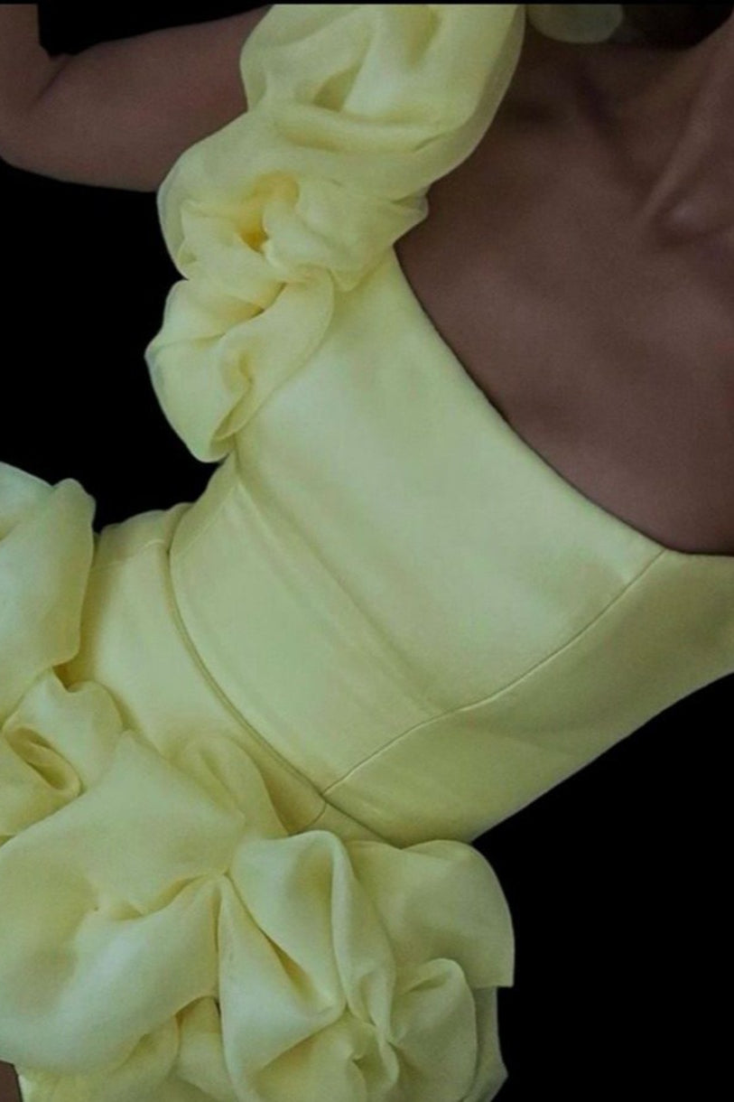 One Shoulder Puff Sleeve Ruffle Bubble Hem Fit and Flare Mini Dress - View 3