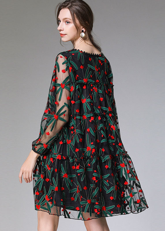 Floral Embroidered Mesh Overlay Long Sleeve A-Line Mini Dress - View 4