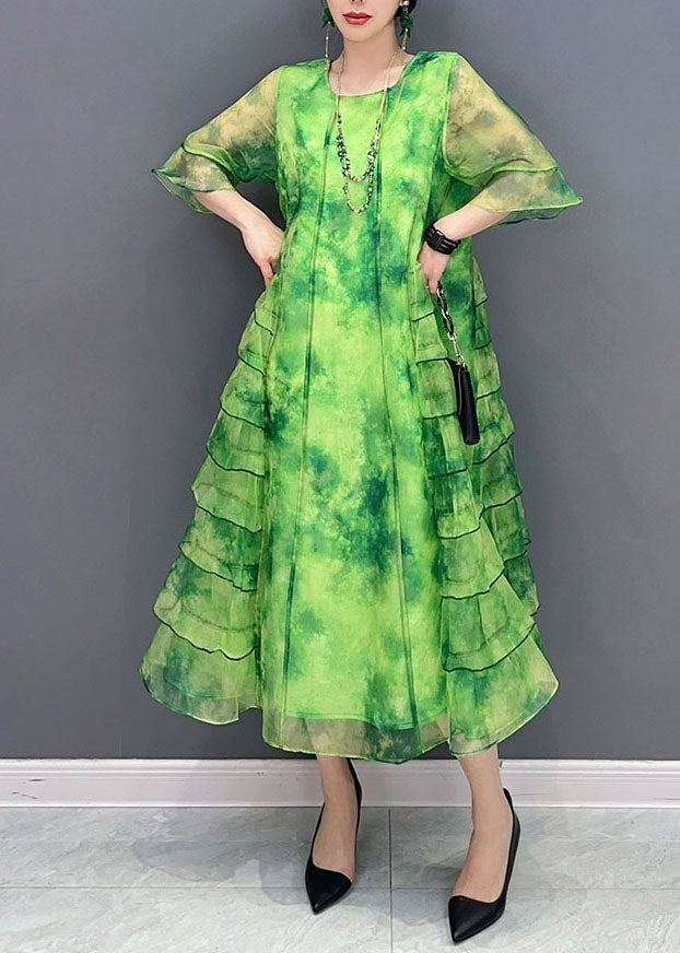Tie Dye Round Neck Ruffle Sleeve Tiered Ruffle Chiffon Midi Dress - View 2