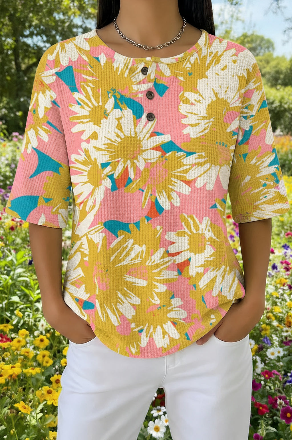 Sunflower Daisy Print Round Neck Half Sleeve Waffle Henley Top