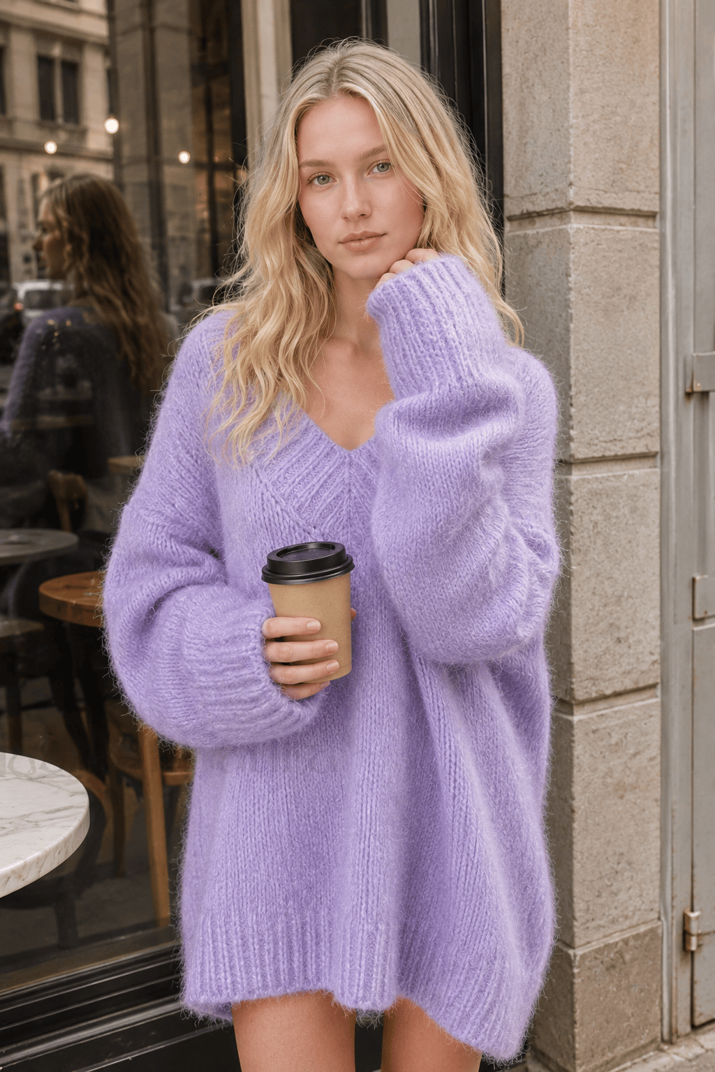 Purple Deep V-Neck Knitted Pullover Long Sleeves Loose