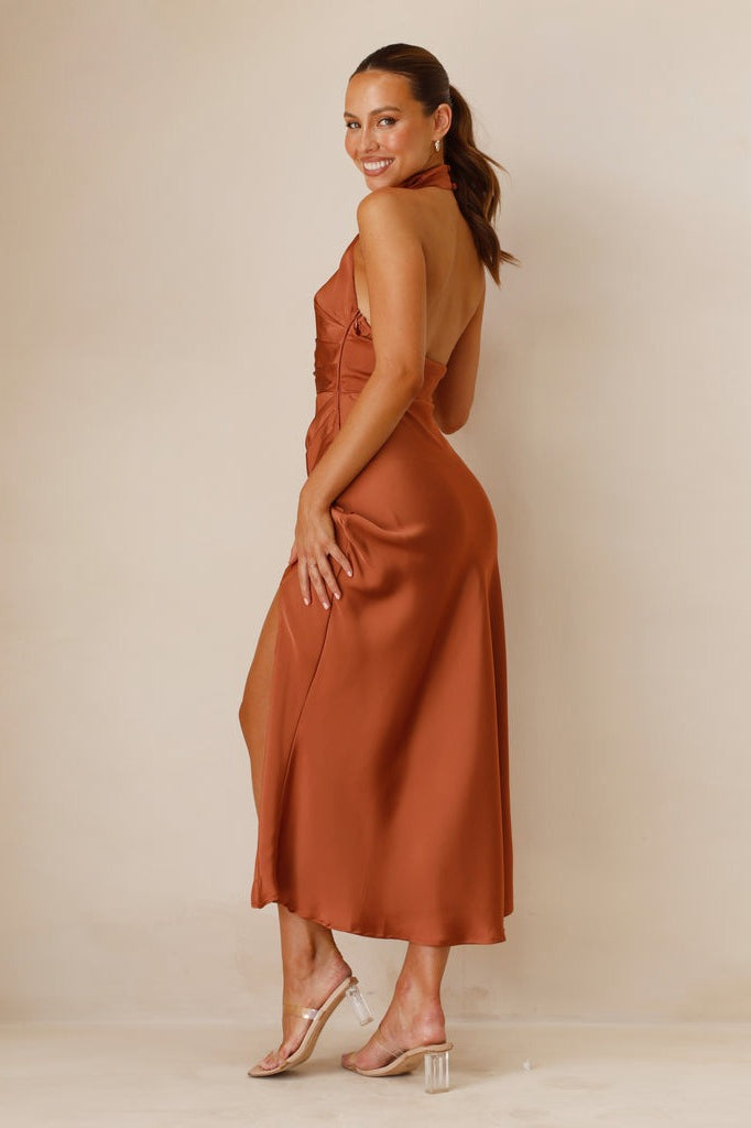 Halter Slim Solid Color Slit Sleeveless Maxi Cocktail Dress - View 2