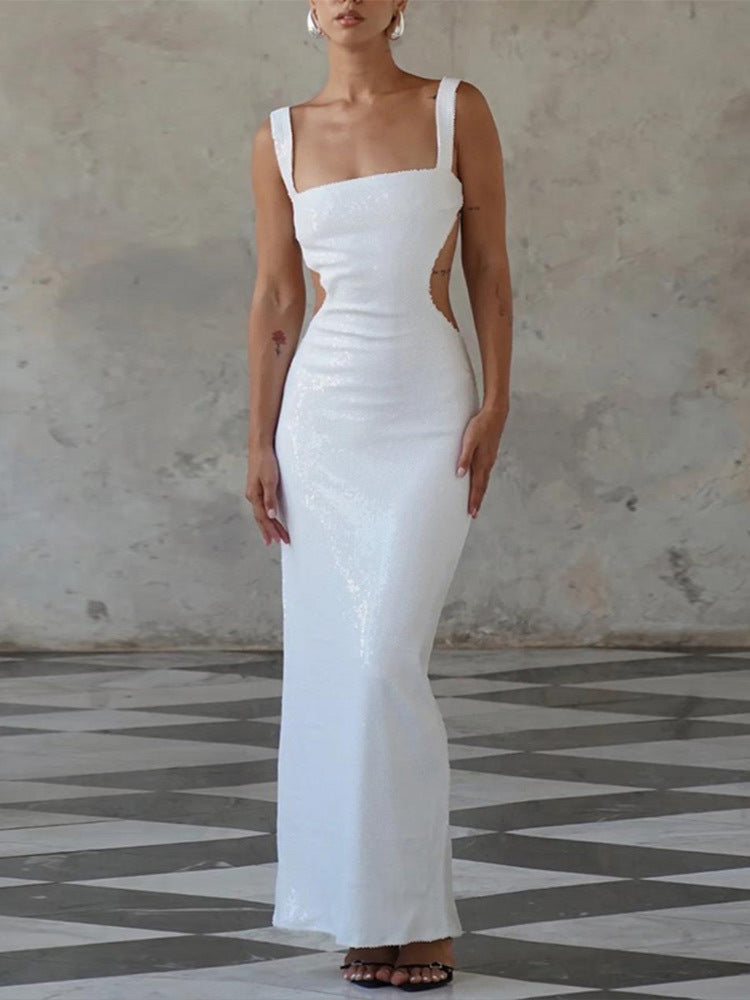 Sequin Square Neck Cut Out Backless Mermaid Maxi Dress - View 4