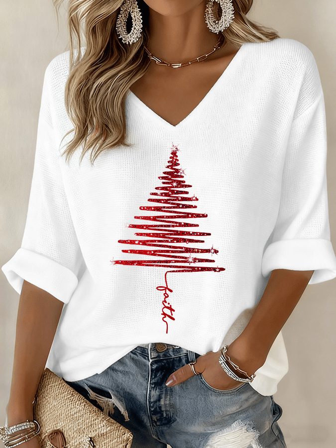 V-Neck Long Sleeve Christmas Tree Print Waffle Top