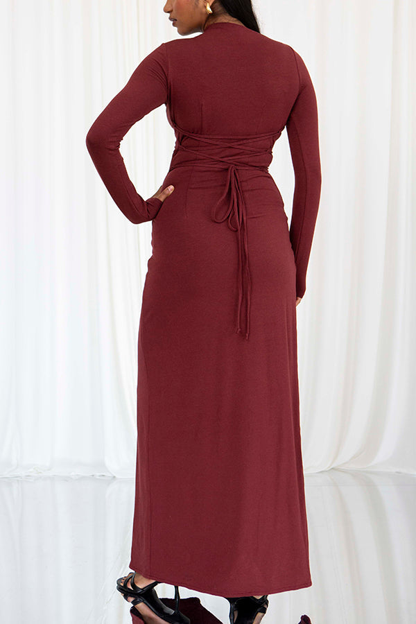 Venus Long Sleeve Ruched Side Slit Drape Ruffles Back Maxi Dress - View 9
