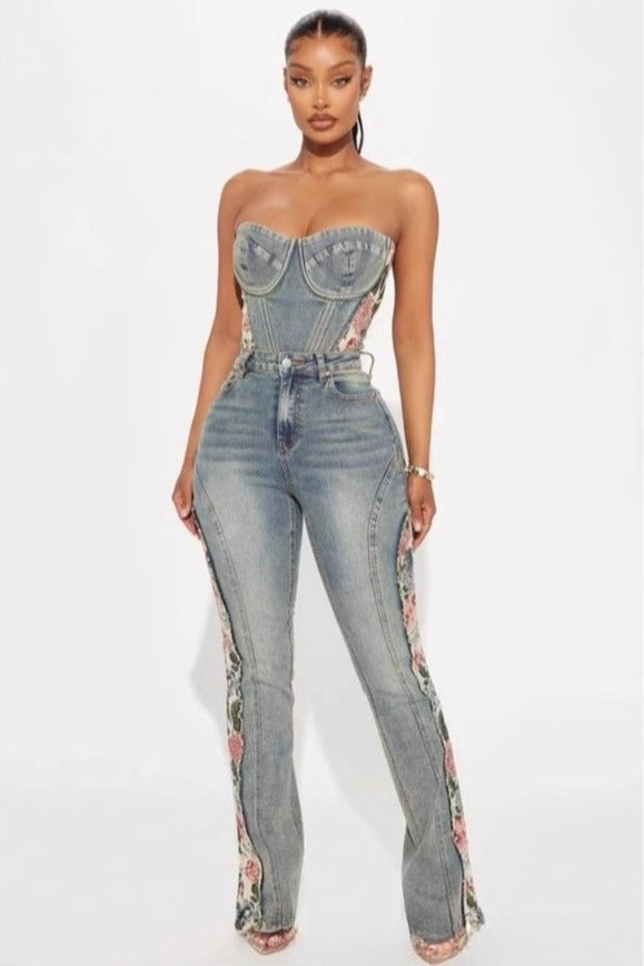 Floral Flared Denim Jeans