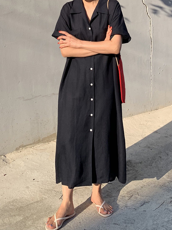 Notched Collar Button Front Patch Pocket Rolled Maxi Shirt Dress - View 6