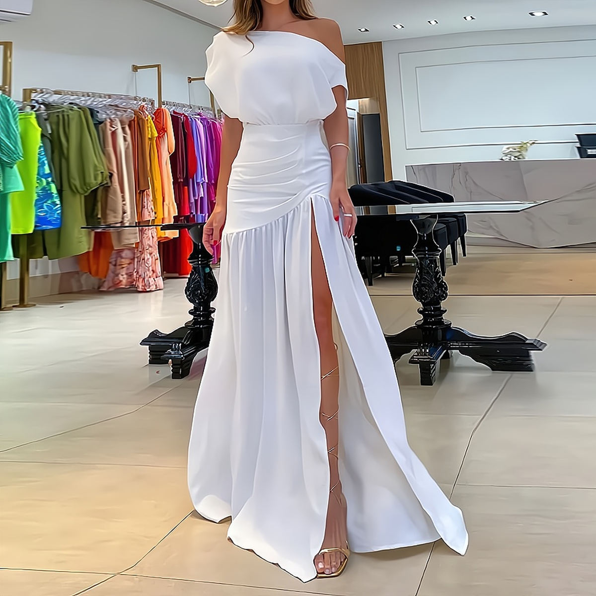 One Shoulder Cape Sleeve Ruched Waist High Split Floor Gown