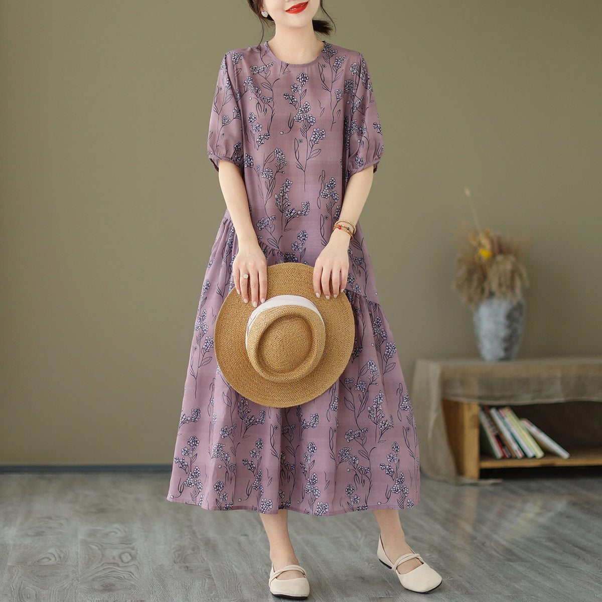 Floral Print Round Neck Short Puff Sleeve Asymmetrical Midi Dress - View 4