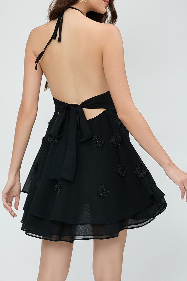 Halter Neck 3D Floral Tiered Ruffle Swing Mini Dress - View 9