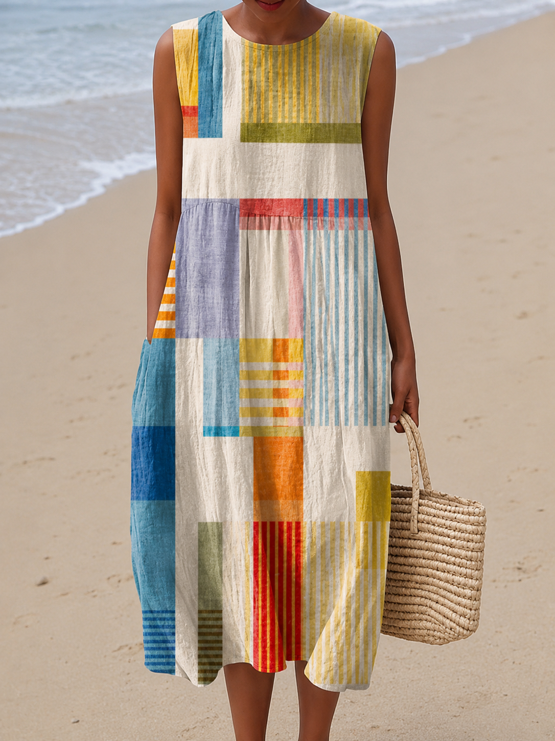 Colorblock Patchwork Round Neck Sleeveless Midi Dress 2