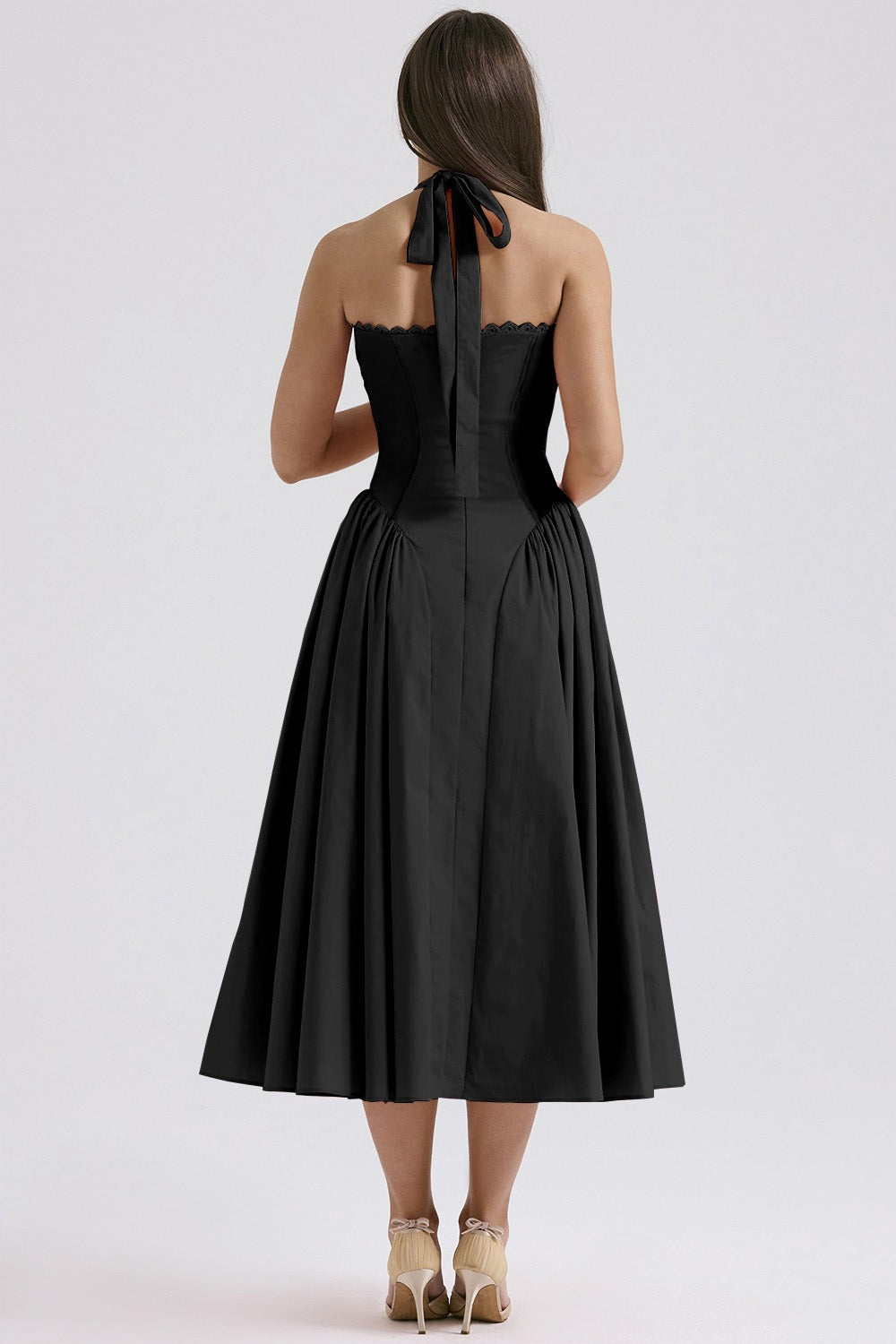 Halter Neck Ruched Corset Fit and Flare Midi Dress - View 17