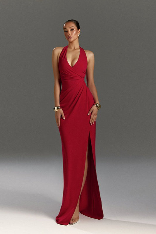 Halter Neck Deep V Ruched High Split Maxi Dress 2