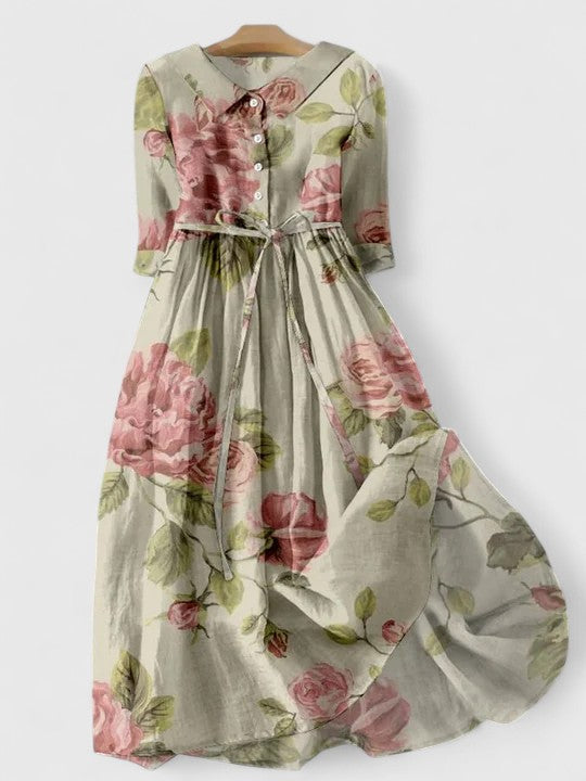 Rose Floral Print Collared Belted Maxi Shirt Dress 2