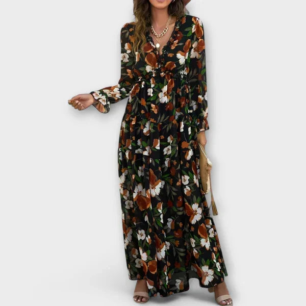 Floral V-Neck Long Sleeve Ruffle Tiered Boho Maxi Dress 4