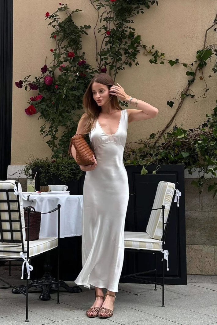 Lace Cutout White Halter V-Neck Mermaid Silk Dress - View 2