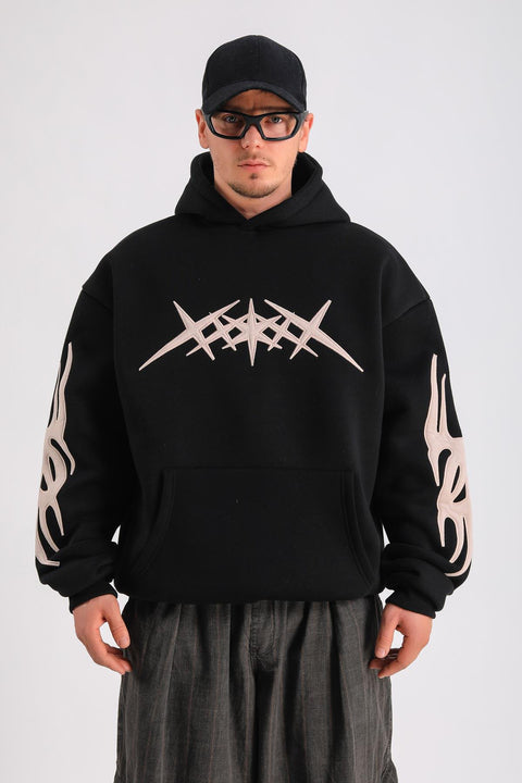 Pattern Patch Pullover Hoodie BLACK / M