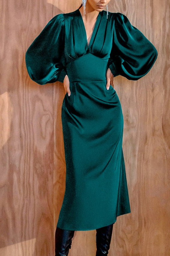 Satin Deep V-Neck Puff Sleeve Ruched Mermaid Midi Dress - View 4