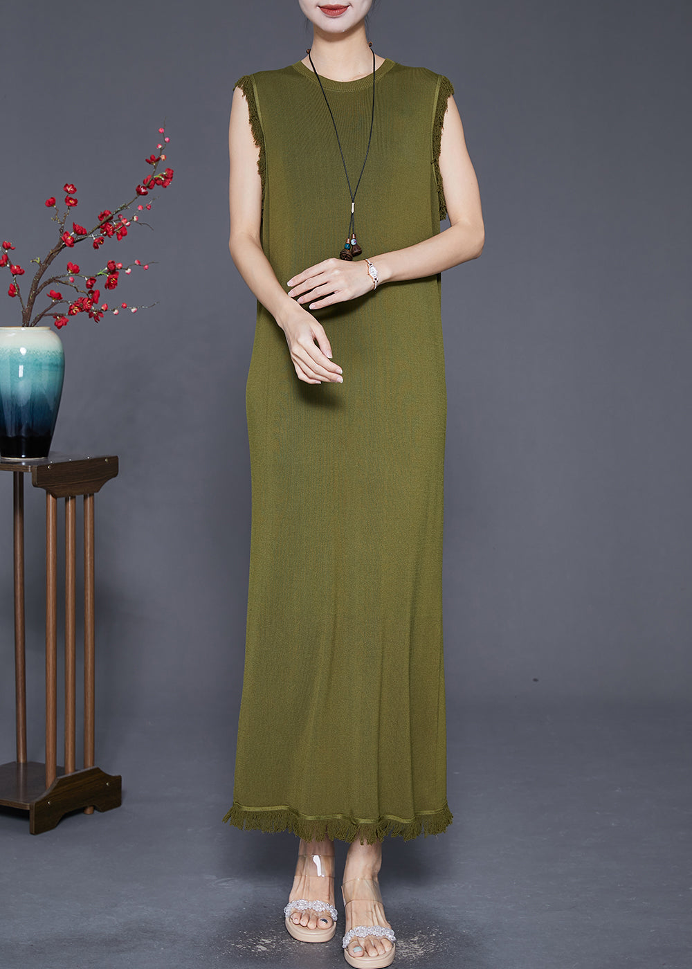 Knit Sleeveless Fringe Trim Crew Neck Column Maxi Dress - View 2